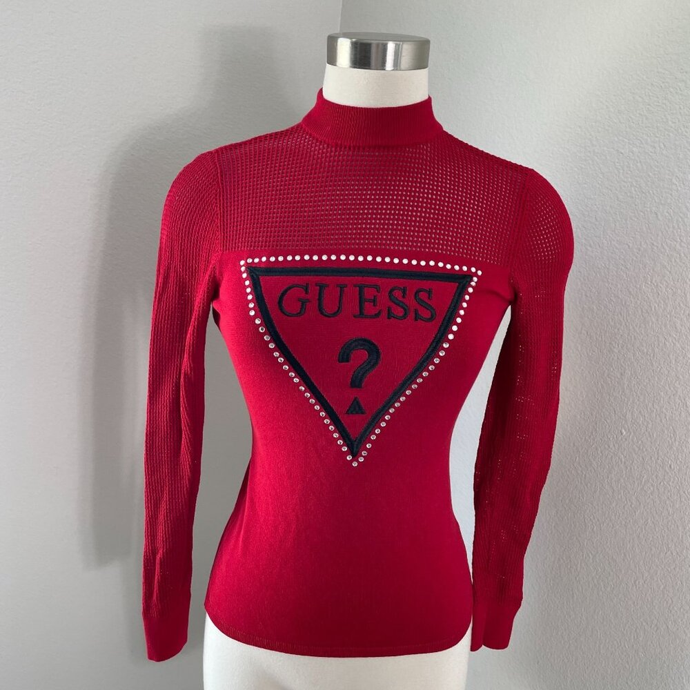 Y2K‎ Guess Womens Small Red Mesh Knit Logo Sweater With Rhinestones